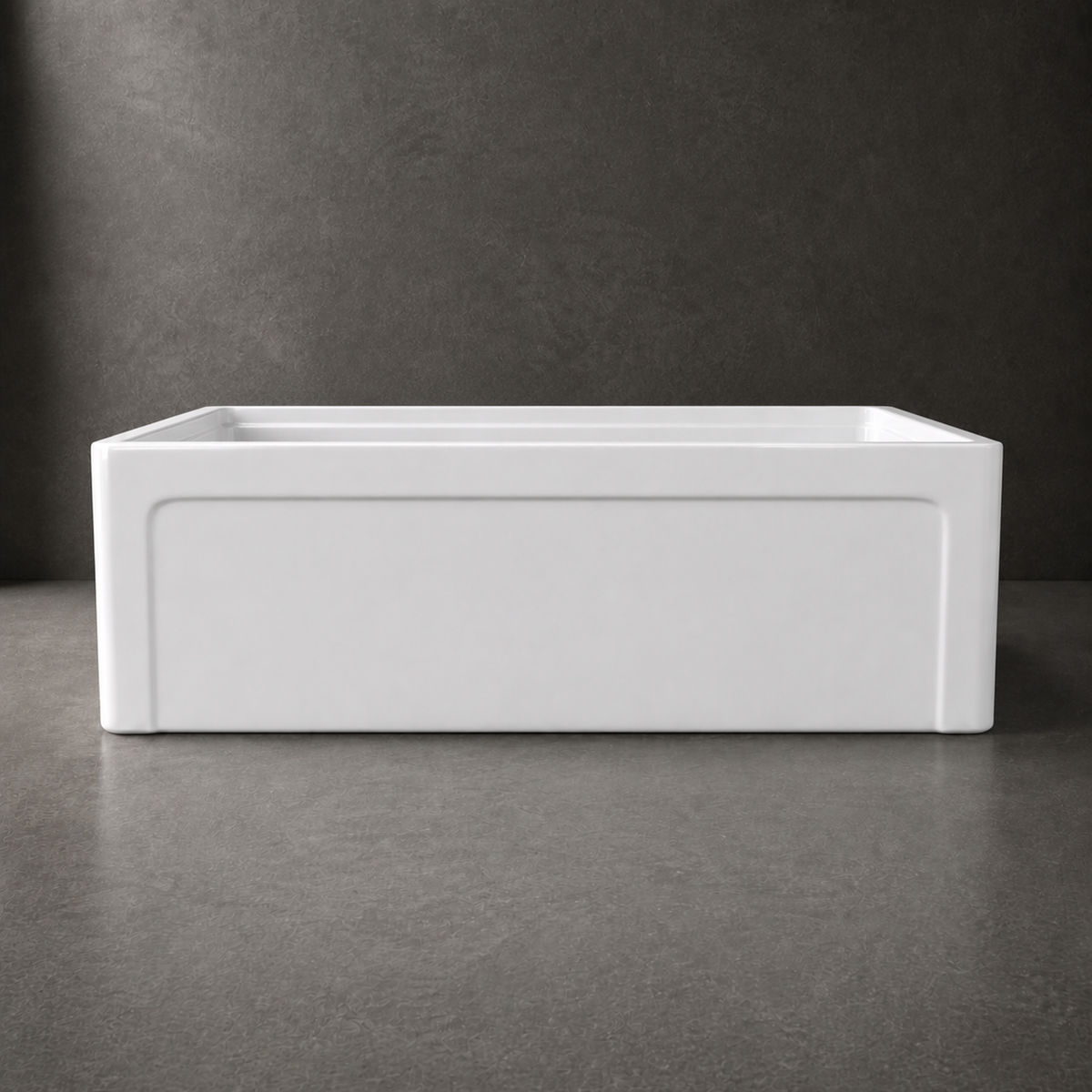 NOZLOO 30" grooved apron fireclay farmhouse sink (NZ-105W3020), front view of the recessed-panel apron in glossy white fireclay