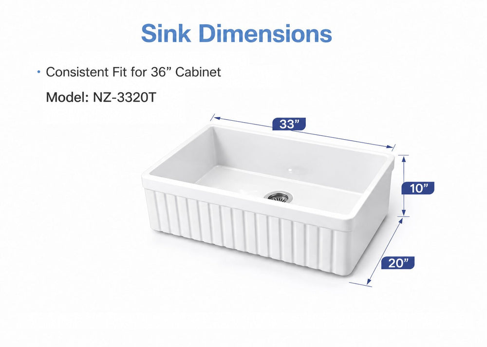 Dimension diagram of the NOZLOO NZ3320T 33-inch fireclay farmhouse sink, measuring 33 by 20 by 10 inches and designed for a 36-inch base cabinet.