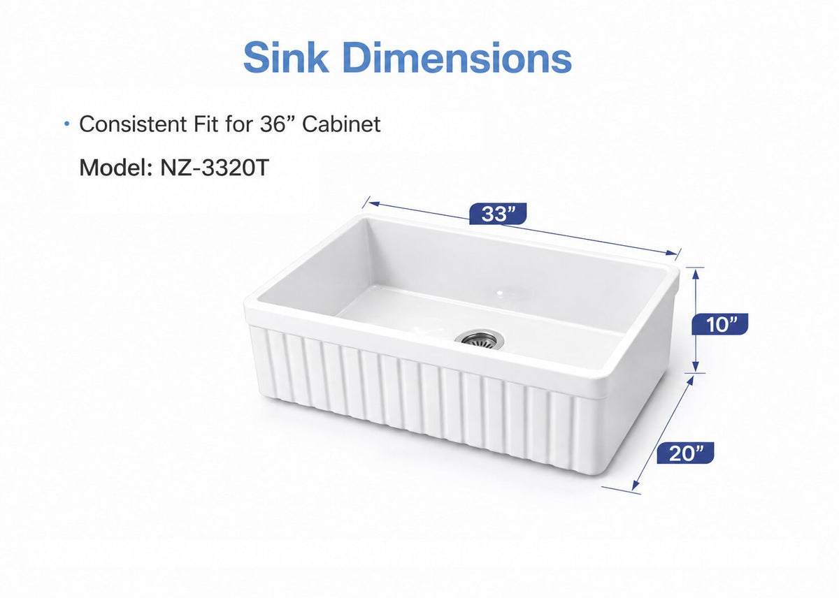 Dimension diagram of the NOZLOO NZ3320T 33-inch fireclay farmhouse sink, measuring 33 by 20 by 10 inches and designed for a 36-inch base cabinet.