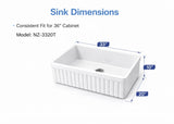 Dimension diagram of the NOZLOO NZ3320T 33-inch fireclay farmhouse sink, measuring 33 by 20 by 10 inches and designed for a 36-inch base cabinet.