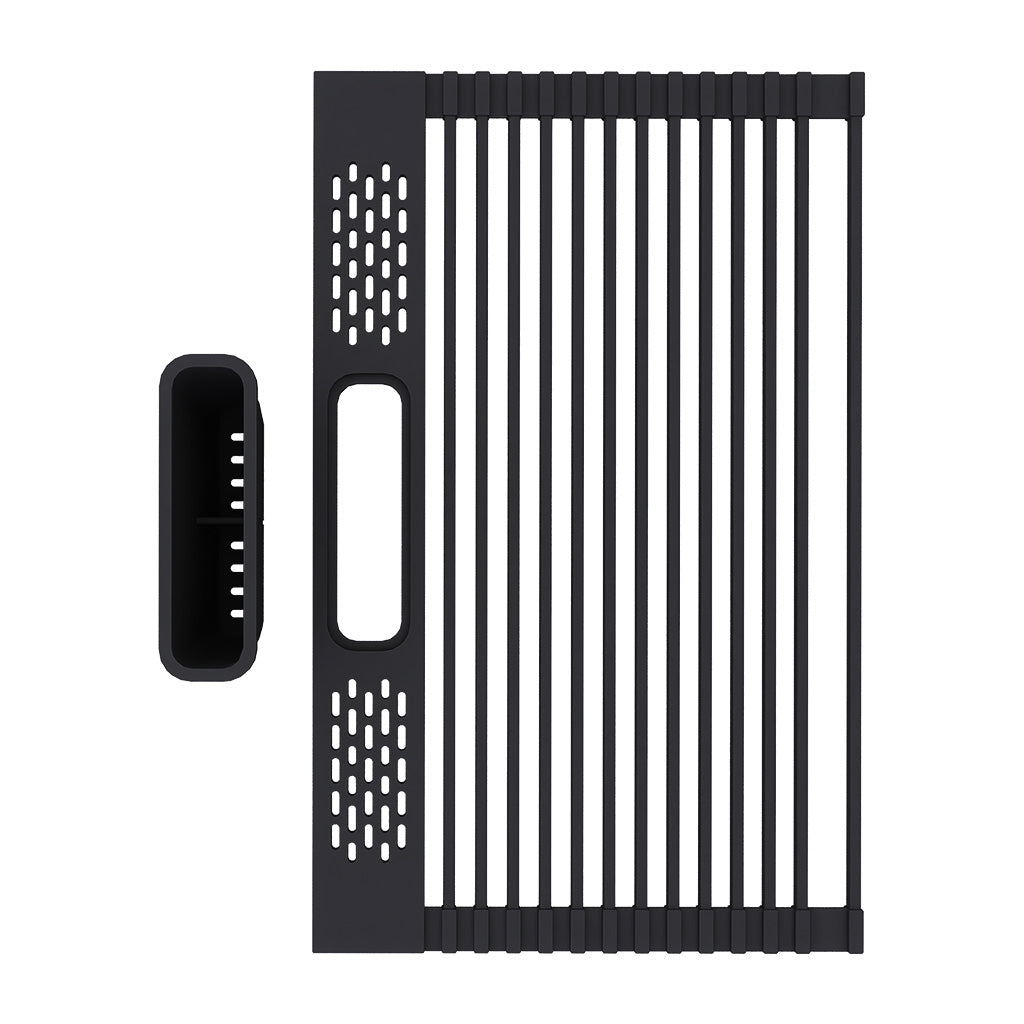 Black roll-up drying rack with a detachable silicone utensil pocket, a workstation sink accessory that rolls out over the basin for extra drying space