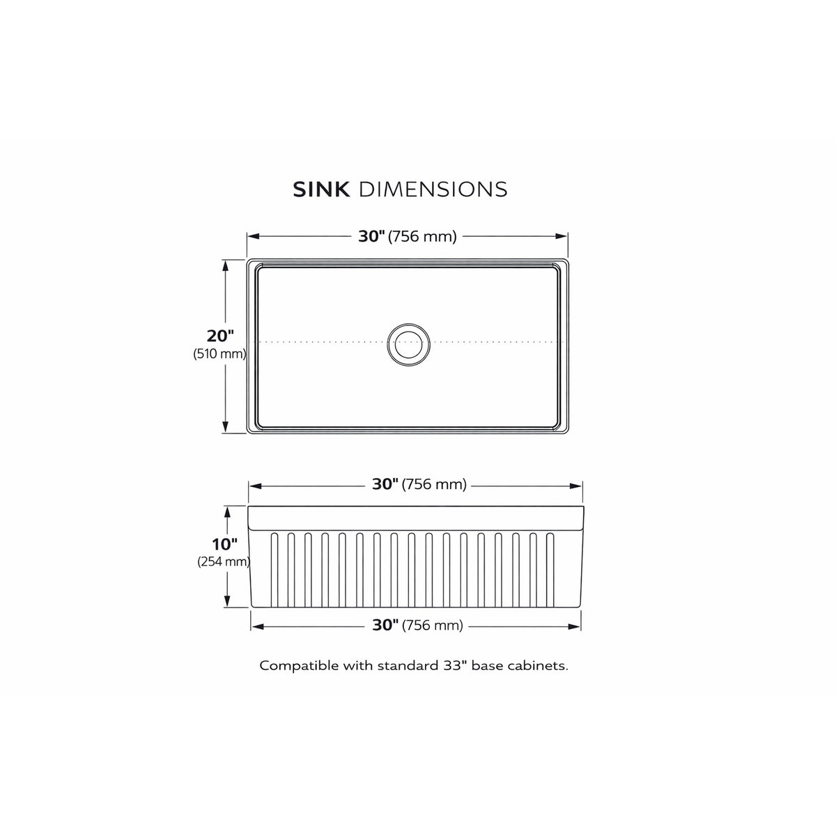 Dimension diagram of the 30 x 20 inch reversible fireclay farmhouse sink with 10 inch depth, compatible with standard 33 inch base cabinets
