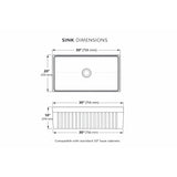 Dimension diagram of the 30 x 20 inch reversible fireclay farmhouse sink with 10 inch depth, compatible with standard 33 inch base cabinets